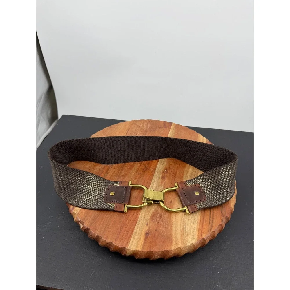 Linea Pelle PH-7010 Cinch Belt Women Medium Brown Gold Metallic Leather Trim